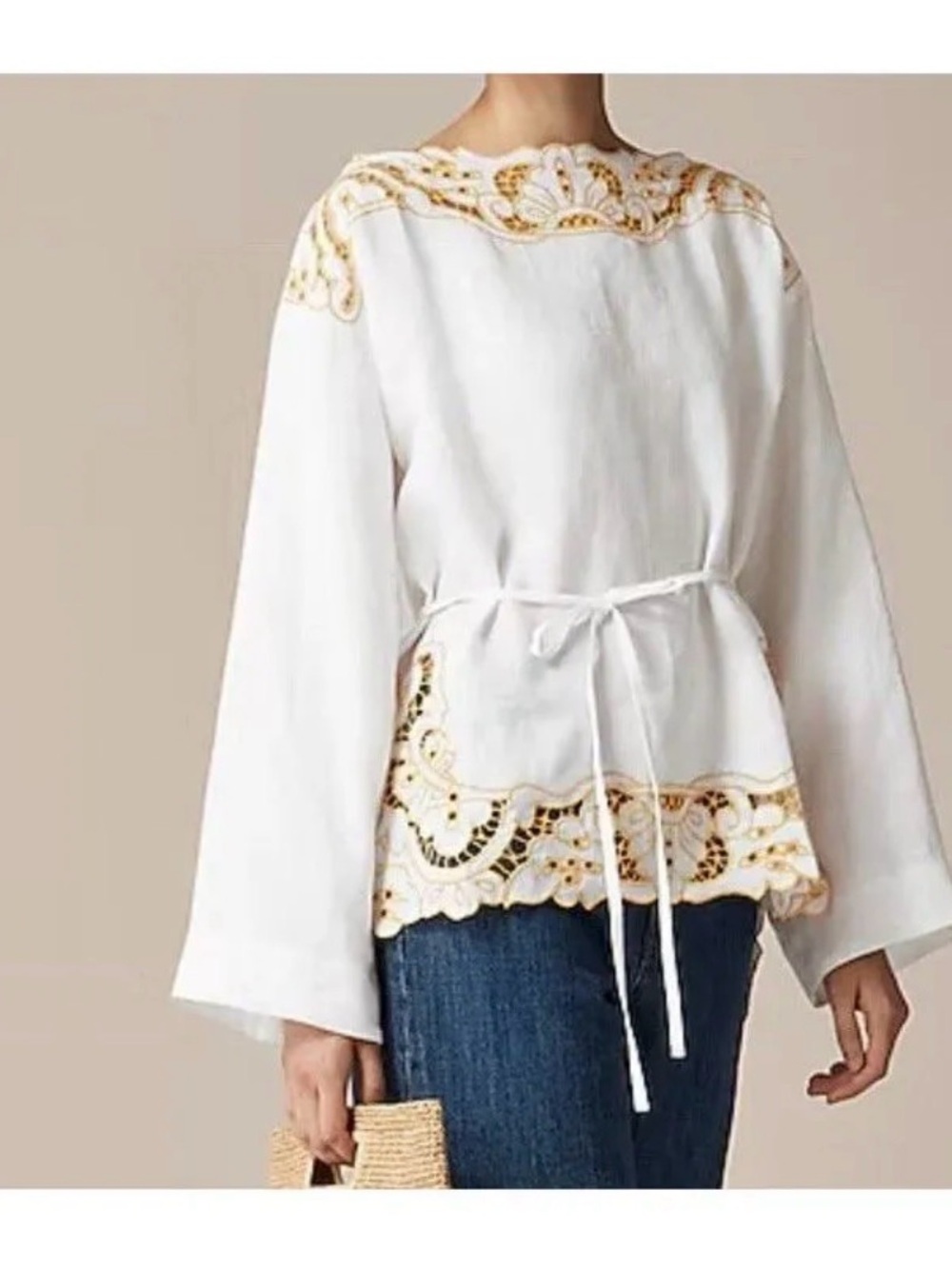 J.Crew Linen Embroidered Boatneck Top White Yellow Scallop Hem XS NEW CI560